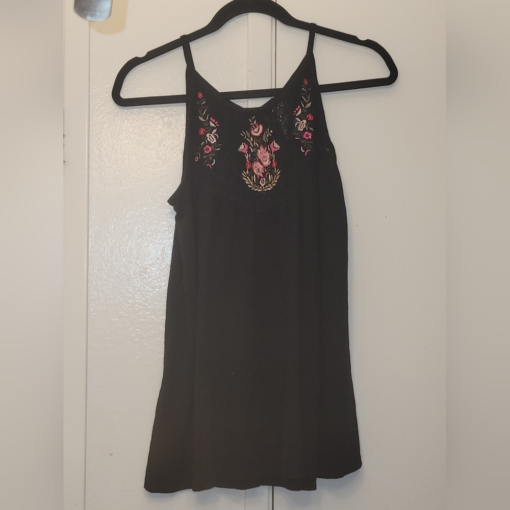 Time and Tru Black Floral Embroidered Tank Top